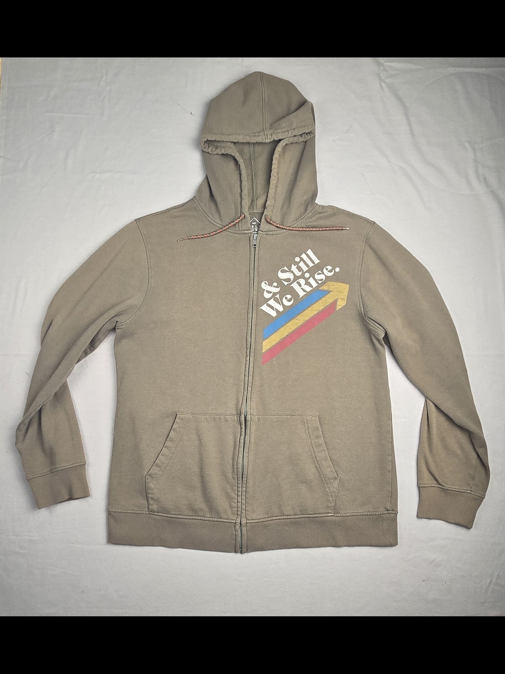 Well Worn Taupe Zip-Up Long Sleeve Hoodie with Retro Chevron Graphic